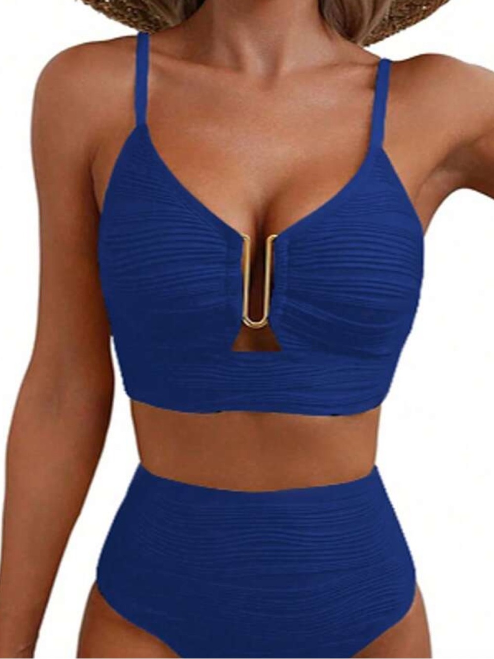 SHEIN Royal Blue Textured High-Waist Bikini with Gold U-Bar